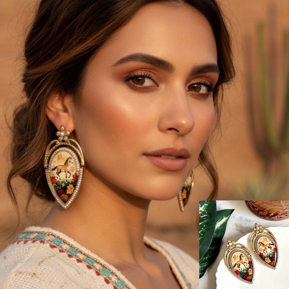Horse Portrait Faux Pearl Earrings Vintage Style Equestrian Ornate Western NEW